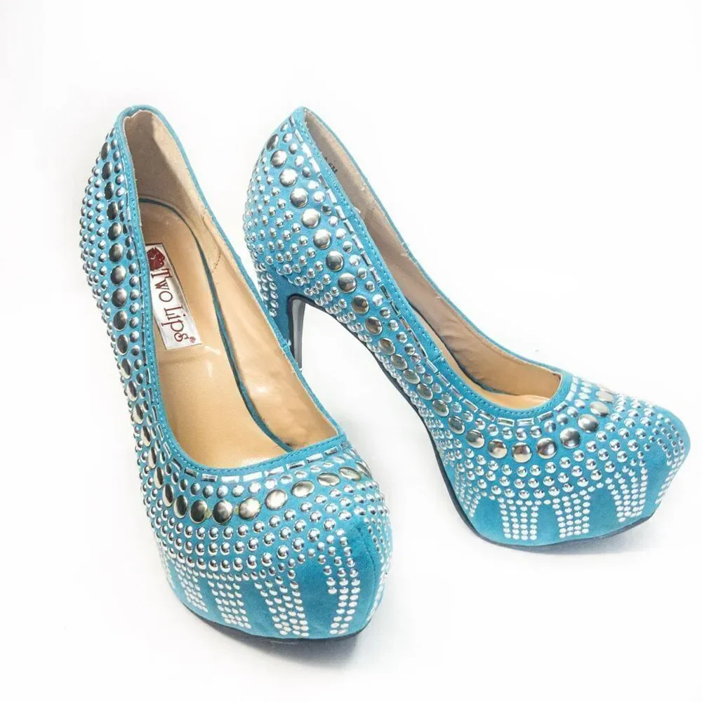 Two Lips Studlee Blue Studded Platform Heels Sz 6.5M